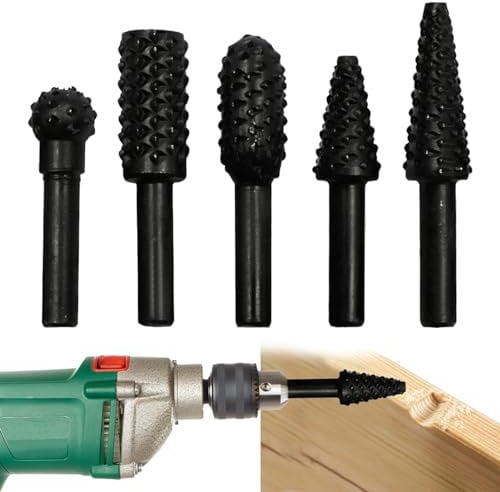 1/4 6mm Wood Carving Tools Woodworking Tools Rotary Burr Set Power Tools Wood Grinding Engraving Carving File Rasp Drill Bits Rotary Drill Burrs Shank Bit Set for Woodworking Kit Pack of 5 (Black)