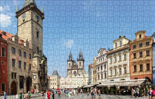 GUOHLOZ Puzzle 1000 Teile Puzzle für Erwachsene und Kinder ab 6 Jahren Puzzle für Wohnkultur, Uhr, Prag, Tschechische Republik, 75x50cm