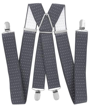 axy® Herren Hosenträger breit 3,5 cm mit 4 Starken Clips X-Form HT352 (Grau-weiße Punkte)