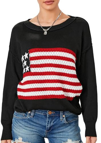 Dubute Suéteres lindos para mujer con bandera americana, suéter de punto de manga larga, Negro, S