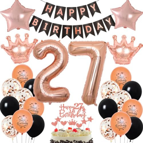 Rosegold 27. Geburtstag Deko für Frauen - Luftballons, Party Dekoration Schwarz