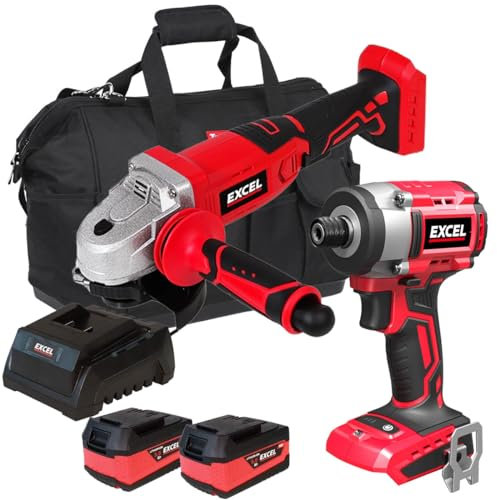 Excel 18V Twin Pack Impact Driver & Angle Grinder with 2 x 5.0Ah Battery & Charger - PowerTool -TwinKit -18V Cordless PowerToolKits-Cordless Kit -Combo Kit-Mega PowerTool-ExcelKit