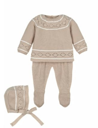 Nene Tutina Neonato In Filo di Cotone a Maglia e Cappellino - Completo Nascita Ospedale 3 Pezzi - Marrone Bianco (Cotone, 1 Mese (56 cm))