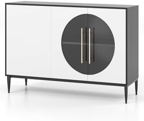 GIANTEX Buffet Sideboard mit 2 verstellbaren Einlegeböden, 3 Türen und Beinen aus Metall, 120 cm, für Wohnzimmer, Küche, Esszimmer, Eingang, Weiß und Schwarz