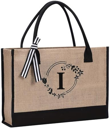 Bolsa de yute con inicial, bolsa de lona impresa con letras de flores personalizadas para mujeres/hombres, bolsa de playa de lona reutilizable para uso diario, viajes, comestibles, picnic, I,