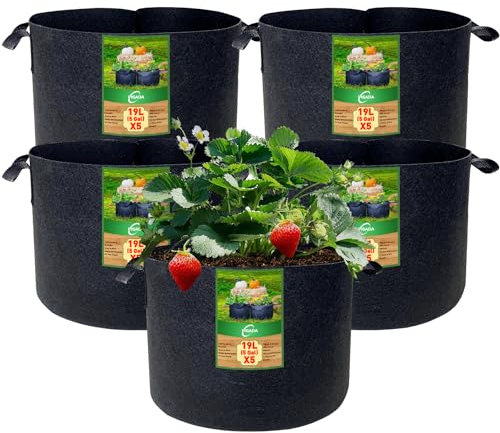PIGADA Bolsa de Cultivo para Plantas 19L/5 gallons - 5 Bolsas para Plantar de Tela no Tejida - con Asa - Maceta Geotextil para Plantas, Verduras y Hortalizas