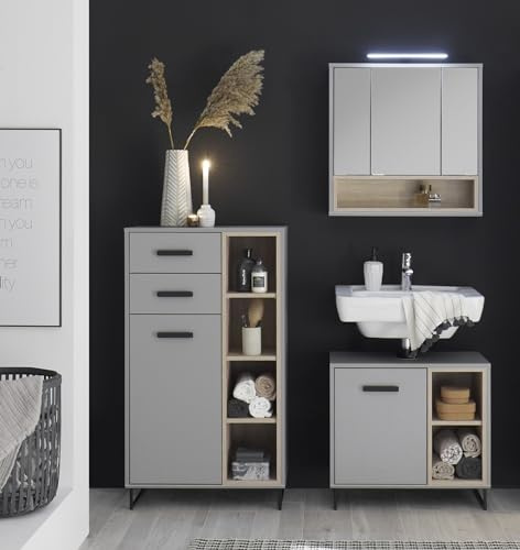 moebel-dich-auf Badezimmer Badmöbel Tours grau matt 3-St., Spiegelschrank, Wbu, Highboard, Set 3