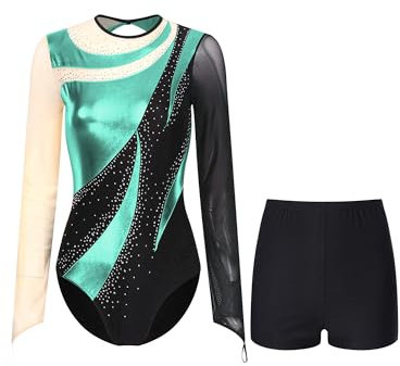 Linjinx Damen Turnanzug Langarm Ballett Trikot Tanzbody mit Gymnastik Hose Glitzer Gymnastikanzug Ballettanzug Tanzkleidung Blau Grün M