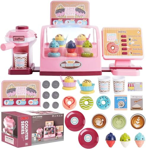 Coo11 28Pcs Kids Ice-Cream Cashier Toy Set Includes Coffee Machine Menu 5 Dummy Ice Cream, Checkout Scanner, Credit Card Machine with Light & Sound for Boys & Girls Age 3 4 5 6 7 8 9