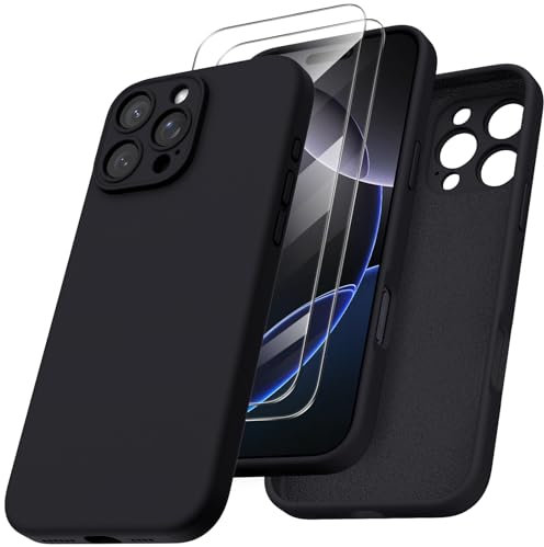 ORNARTO Cover per iPhone 16 Pro Max Silicone 6.9 Pollici, con 2 Pellicola Vetro Temperato, Morbido Silicone Liquido Protezione, Antiurto Sottile Protezione Custodia iPhone 16 Pro Max-Nero