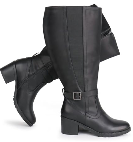 Chicblooms Stivali da donna con polpaccio extra largo, inserto elasticizzato, cerniera laterale, altezza al ginocchio, con tacco a blocco, Nero , 38 EU