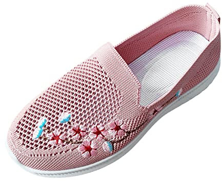 Basket Montante Femme Noire Et Rose Basket Chaussures de sport décontractées à fond plat brodées en tricotée respirante de couleur unie pour dames Chausson Foot Chaussure Femme Printemps 40 (Pink, 42)