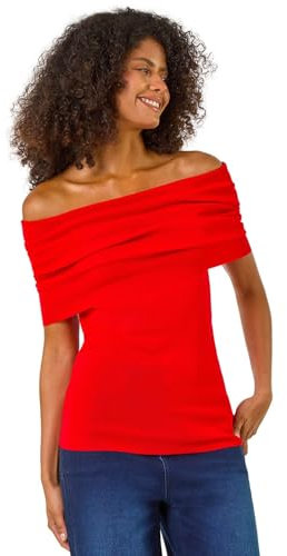 Roman Originals Ribbed Bardot Stretch Top for Women UK - Ladies Everyday Autumn Winter Comfy Soft Evening Vacation Work Party Night Out - Red - Size 16