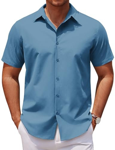 COOFANDY Mens Shirts Short Sleeve Summer Easy-Iron Dress Business Casual Shirt Solid Color Regular Fit Formal Work Basic Top Grey Blue L