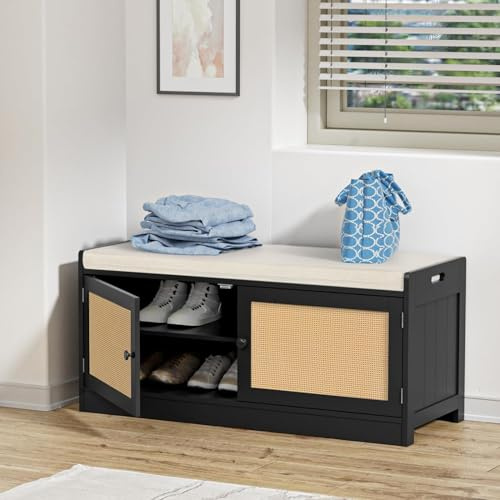 Shoe Storage Bench with Seat Cushion Shoe Rack Bench Wood for Entryway | Wood Shoe Storage Cabinet with 2 Rattan Doors, 2-Tier, Adjustable Shelves, for Hallway, Entrance, Black, 101 x 40 x 46 cm