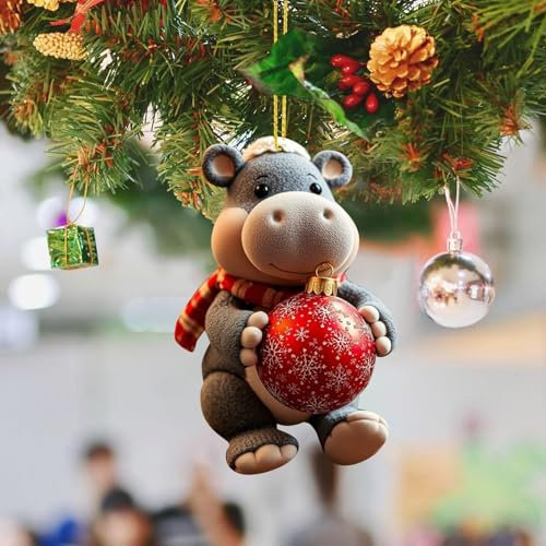 2D Acryl Nilpferd Anhänger für Weihnachten und Geburtstag, Nilpferd hält Kuchen Hängende Ornament Niedliche Weihnachtsanhänger Baumschmuck Weihnachtsdeko Geburtstag Geschenk (A1)