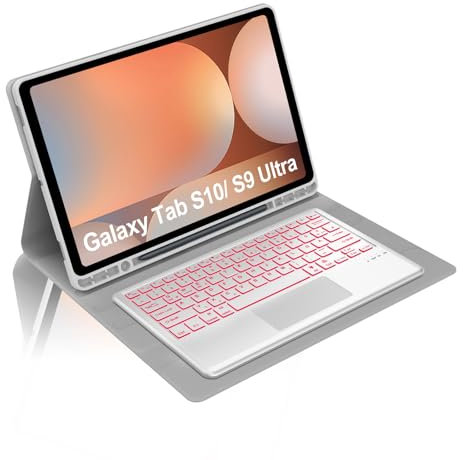 Occtingkind, Tastiera per Samsung Galaxy Tab S10 Ultra 2024 e S9 Ultra 2023 14,6 pollici, custodia con tastiera magnetica rimovibile Bluetooth, QWERTZ, USB C, trackpad, retroilluminazione, grigio