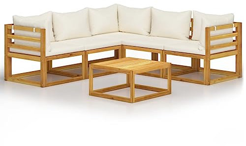 Willood Gartensofa 6 TLG. Garten Lounge Set mit Auflagen Creme Akazienholz Massiv Gartenmöbel Creme 2X Mittelteil + 3X Eckteil + Tisch