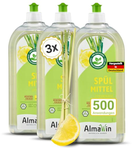 AlmaWin® Spülmittel Öko [3x 1L] mit Zitronengras-Duft - Kraftvolles Geschirrspülmittel flüssig mit hoher Fettlösekraft - Vegan Dish Soap - Biologisch abbaubares & ergiebiges Konzentrat