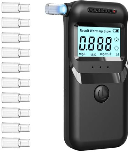 Alkoholtester Polizeigenau, Hochpräziser Promillemessgerät mit Digitalem Farbigem LCD-Anzeige, Professioneller Alkoholmessgerät mit 10 Mundstücken für den Einsatz zu Hause oder auf Partys
