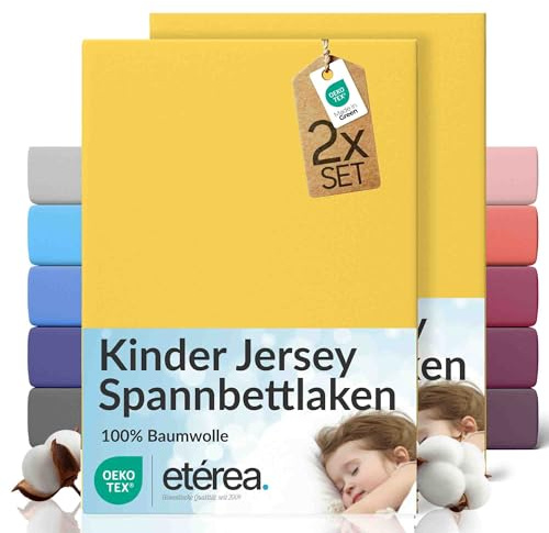 etérea Jersey 2er Set Spannbettlaken 60x120cm - 70x140cm Gelb bis 15 cm Höhe - 100% Baumwolle Spannbetttuch Oekotex - Doppelpack Bettlaken 60x120 cm - 70x140 cm - Yellow