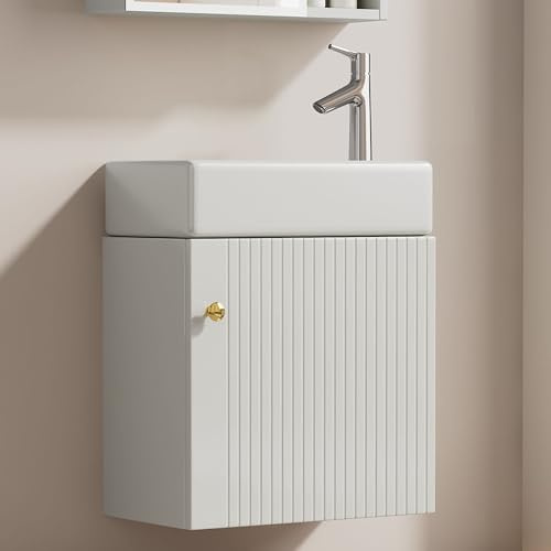 A ALFRESCOOL Gäste WC Waschbecken mit Unterschrank, Waschtisch Gäste WC, Waschtischunterschrank hängend, Kleine Gästebadmöbel Weiß