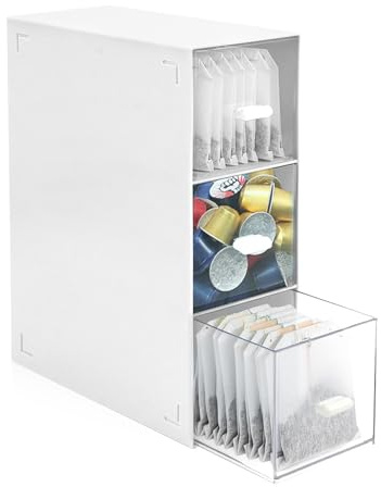 Porta Tisane con 3 Cassetti, Portacialde da Caffè Plastica, Cofanetto Tisane Porta Bustine The e Tisane per Bustine di Zucchero di Caffè Cosmetico Pantry ( Bianco )