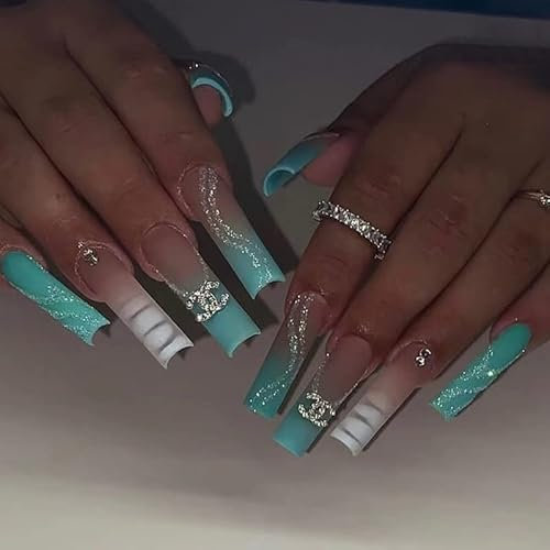 MouyouGlow Press on Nails Lang,Ballerina Nude Farbverlauf Türkis 3D Strass Charms Y2K Coquette Fake Nails Kunstnägel mit Nagelkleber,Natural Ombre Turquoise Sommer Künstliche Fingernägel