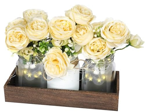 Champagne Floral Mason Jars for Centerpieces – Rustic Table Centerpiece Decorations with Lights & Tray – Wedding Centerpieces for Tables, Dining Room, Party or Reception Decor Kitchen Counter