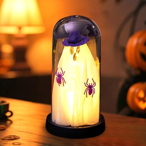 Halloween Deko Geister Lantern, Leuchtende Geist mit Hexenhut in Glasglocke, Helloween Dekoration Innen Ghosts Horror Deko Nachtlicht Batteriebetrieben für Halloween Tischdeko, Party Deko (C)