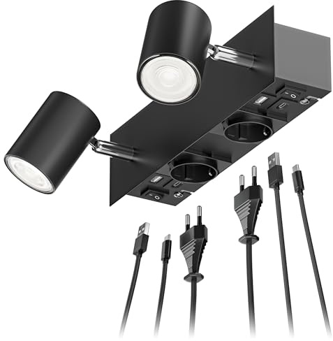 ledscom.de Wandspot WAIKA, 2-flammig, schwarz, Steckdosen, USB-C, USB-A, inkl. LED GU10 Lampen, je 1179lm, 33°, weiß