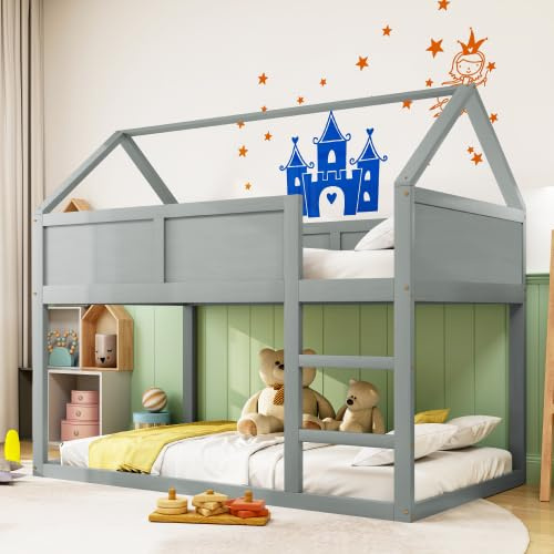 HAUSPROFI 90 × 200 cm Etagen-Kinderbett, Hochbett für 2 Kinder, Etagenbett Hochbett mit Treppe, Massivholzrahmen - Grau