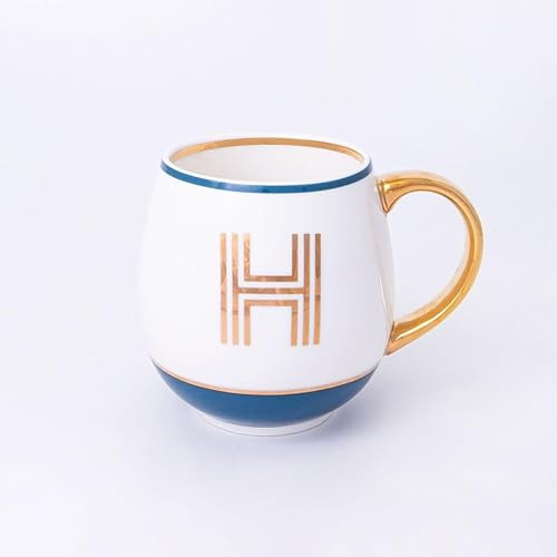 Bombay Duck Library Monogram Fine Bone China Mug, White & Blue with Pink & Gold Details, 450ml, Striped Gift Box, Hand Wash Only, Letter H