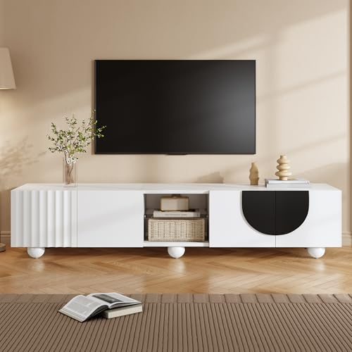 FammyLoft TV-Schrank mit Runde Füße, TV-Lowboard für Fernseher bis zu 80 Zoll, Moderner Fernsehtisch mit Offenes Mittelfach, TV Sideboard, für Wohnzimmer/Schlafzimmer, 180 x 40 x 41,5 cm, Weiß