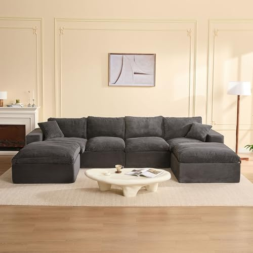 Litbird Modular Sectional Sofa and Sofa Bed, L-Shaped Cloud Couch with Memory Foam, No Assembly, Deep Seat,Set of Corduroy Convertible Sofa for Living Room (Grey, 345 cm U-Shaped)