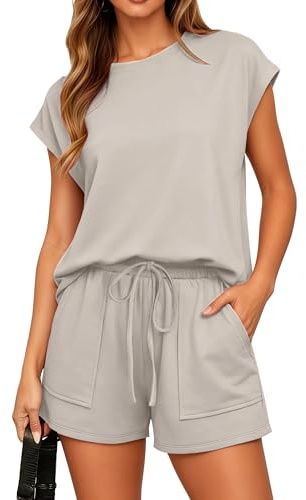 Timuspo Zweiteiler Damen Sommer Casual Lockere Trainingsanzug Einfarbig Sportanzug Rundhals Flügelärmel Kurzarm und Elastischer Bund Shorts mit Taschen