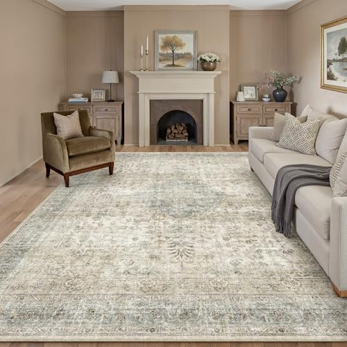 PureCozy Vintage Teppich Wohnzimmer 200x300cm Beige Blau Waschbar Rug | Groß Teppiche,Waschbarer,Rutschfest,Weich Kurzflor,für Wohnzimmer,Schlafzimmer,Esszimmer,Büro