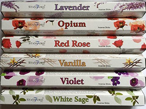 Stamford Premium Hex parfümierte Räucherstäbchen – Lavendel, Opium, rote Rose, Vanille, Veilchen & Weiße Salbei. 20 Stäbchen pro Duft, 120 Stäbchen