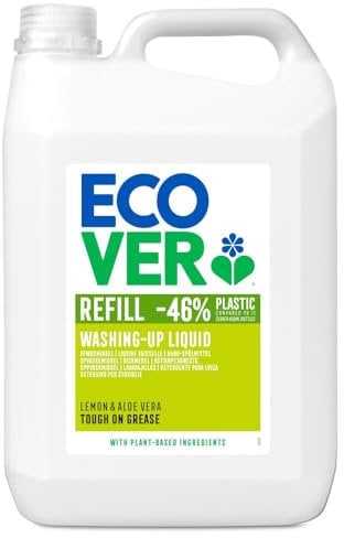 Ecover Hand-Spülmittel Zitrone & Aloe Vera, nachhaltiges Spülmittel mit Zuckertensiden, kraftvoller Fettlöser, Geschirrspülmittel flüssig und auf pflanzlicher Basis, 5 l