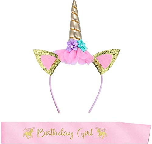 Einhorn Haarband,Einhorn Stirnband Gold Blumen Horn Haarreif mit Birthday Girl Schärpe für Kinder Erwachsene Geburtstag Ostern Party Cosplay Kostüm Zubehör