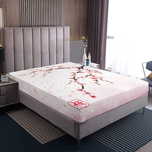Kirschblüten Spannbetttuch Bettwäsche Im Japanischen Stil Romantisches Thema Rosa Bettwäsche Dekor Set Botanical Blumen Bedrucktes Spannbetttuch Set, für Frauen Mädchen Paar Teen Sanft, 160x200