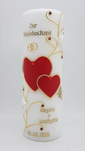 Kerze Rubinhochzeit RH-01 in vers. Farben inkl. Namen und Datum