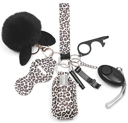 QINER Selbstverteidigung Schlüsselanhänger Set Frauen mit Persönlicher Alarm, Sicherheits Schlüsselanhänger Set mit Sicherheitshammer, Pfeife und Pom Pom, Self Defense Keychain Geschenke für Frauen