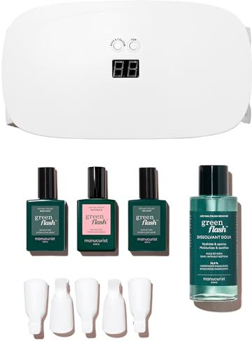 MANUCURIST • Green Flash Slim LED Gel Nail Kit • 24W LED Lamp • Vegan • Base Coat + Top Coat + Hortencia Polish + Remover + Nail Clips