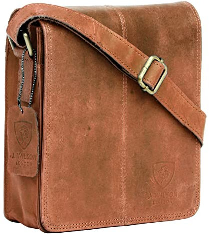 J. Wilson London 100% Pure Genuine Real Vintage Hunter Leather Handmade Mens Leather Flapover Everyday Crossover Shoulder Work Tablet Messenger Bag (Distress Oiled Tan)