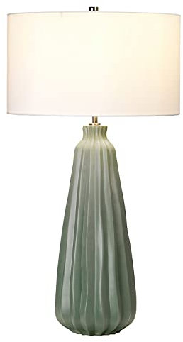 Tischlampe groß 79,5 cm hoch Weiß Grün E27 Keramik Stoff Klassisch Tischleuchte Nachttisch Wohnzimmer