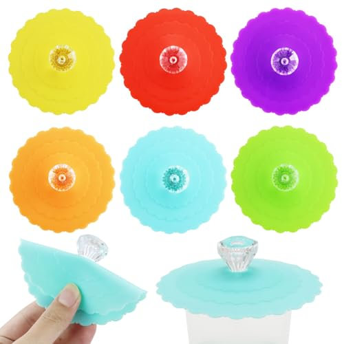 6 Pcs Silicone Glass Cup Covers?Reusable Anti-dust Cup Covers, Food-grade Silicone Drink Glass Cup Lids, Creative Round Diamond Mug Cover