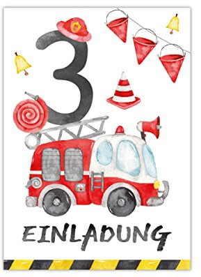 Junapack 12 Einladungskarten zum 3. Kindergeburtstag dritte Geburtstag Jungen Feuerwehr Feuerwehrauto