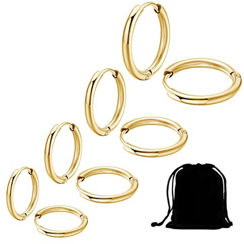 Clyhon Edelstahl Creolen Ohrringe für Herren und Damen - 4 Paare, Klein 8MM-14MM, Gold