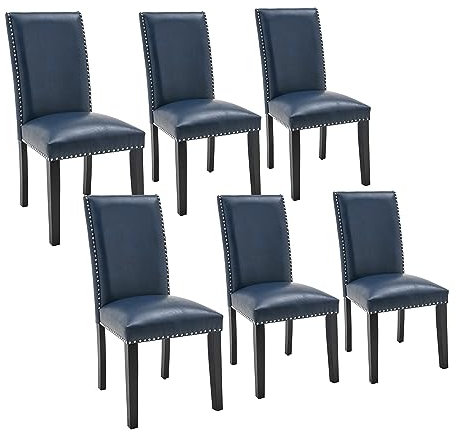 PADMA HOUSE Esszimmerstühle mit Nagelkopfbesatz, Küchenakzent-Beistellstühle aus Kunstleder mit gepolstertem Sitz und Beinen aus Massivholz (Blau, 6er Set Kunstleder aus PU)